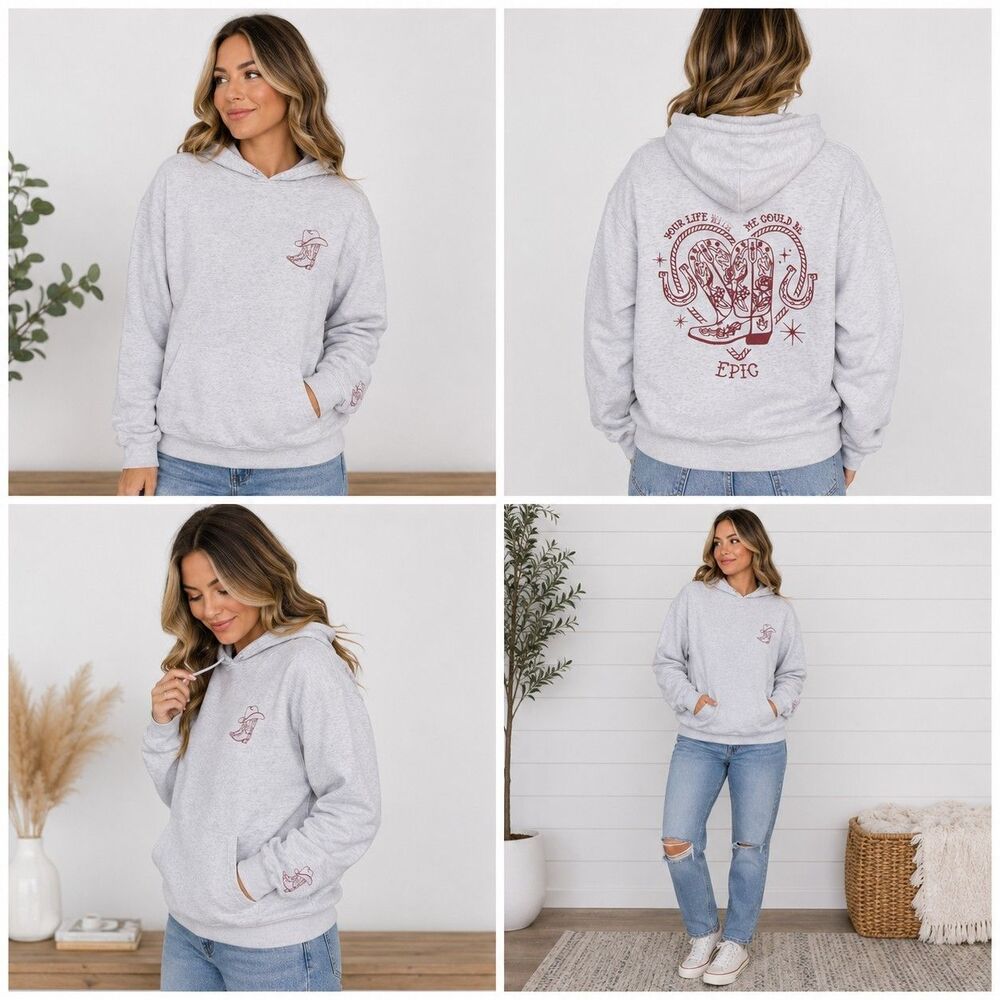 Fourteen Twelve Women’s M Western Cowgirl Hoodie Cowboy Boots Graphic Gray